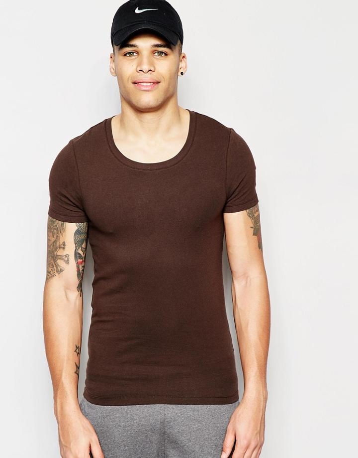 Asos Extreme Muscle T-shirt With Scoop Neck And Stretch - Black Coffee
