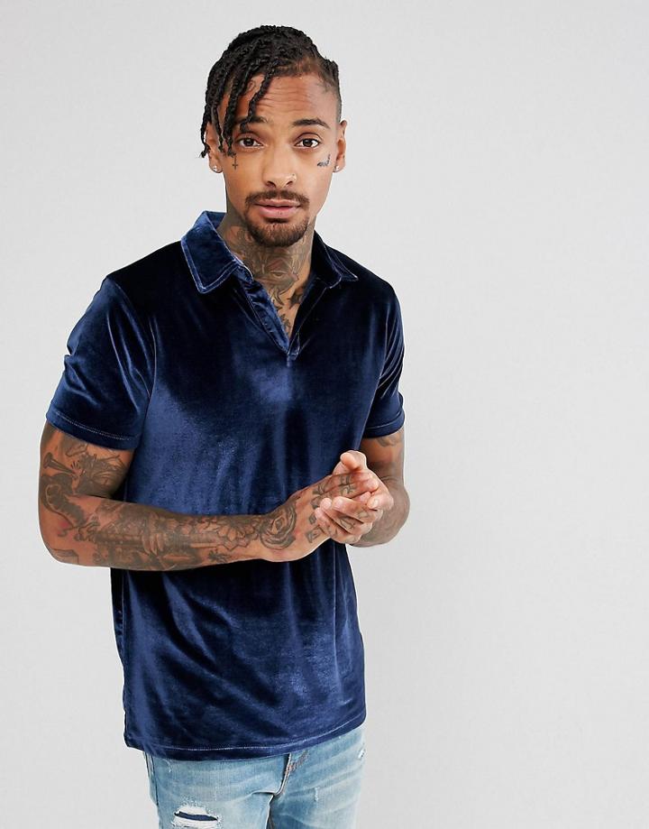 Asos Polo Shirt With Revere Collar In Navy Velour - Navy
