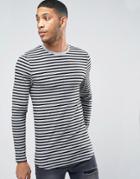 Asos Stripe Longline Muscle Long Sleeve T-shirt With Curve Hem - Gray