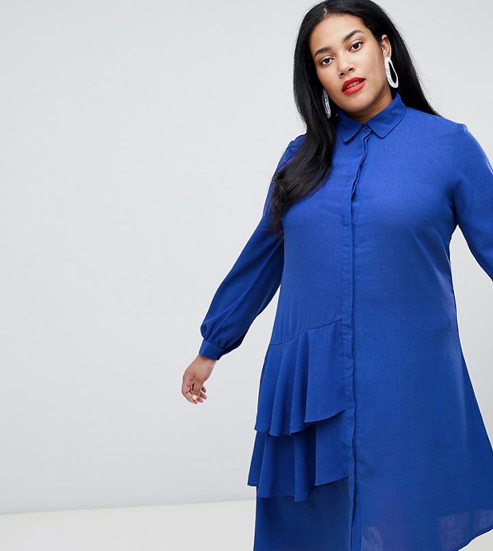 Lost Ink Plus Shirt Dress With Ruffle Detail - Blue