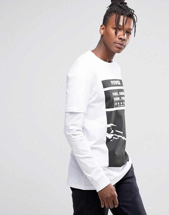 Asos Longline Long Sleeve T-shirt With Print And Double Layer - White
