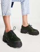 Asos Design Mall Chunky Lace Up Flat Shoes In Khaki Satin-green