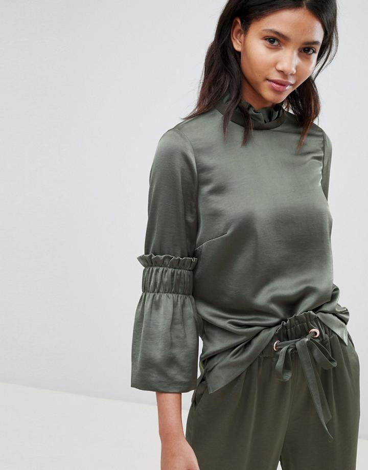 Ted Baker Ted Says Relax Frilled Sleeve High Neck Top - Green