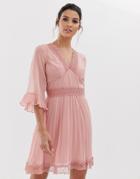 Asos Design Pleated Mini Dress With Lace Inserts - Pink