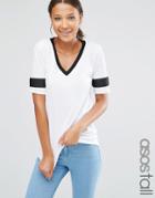 Asos Tall Longline T-shirt With V-neck And Grosgrain Insert - White