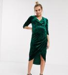 Tfnc Maternity Velvet Midi Wrap Dress In Emerald-green