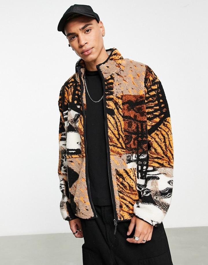 Topman Borg Jacket With All Over Animal Print In Brown