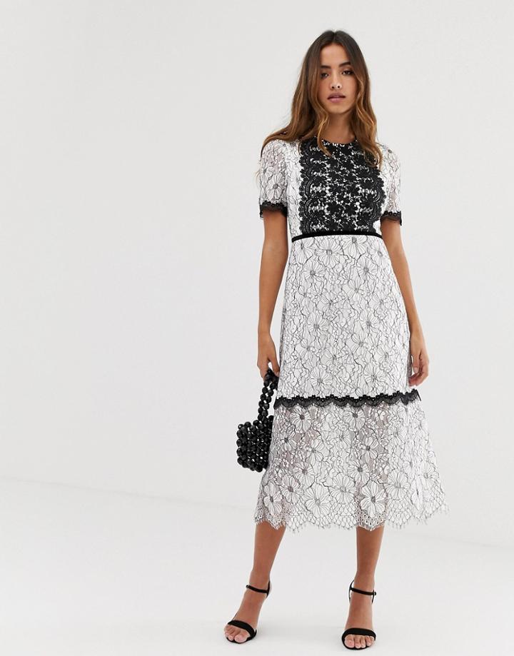 Forever U Lace Midi Dress With Contrast Trim In Mono - White