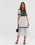 Forever U Lace Midi Dress With Contrast Trim In Mono - White