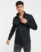 River Island Long Sleeve Smart Embroidered Muscle Fit Shirt In Black