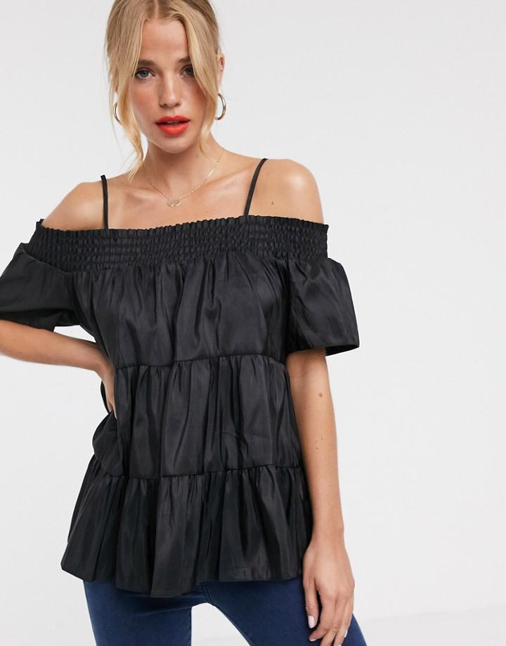 Asos Design Off The Shoulder Tiered Top In Taffeta-black