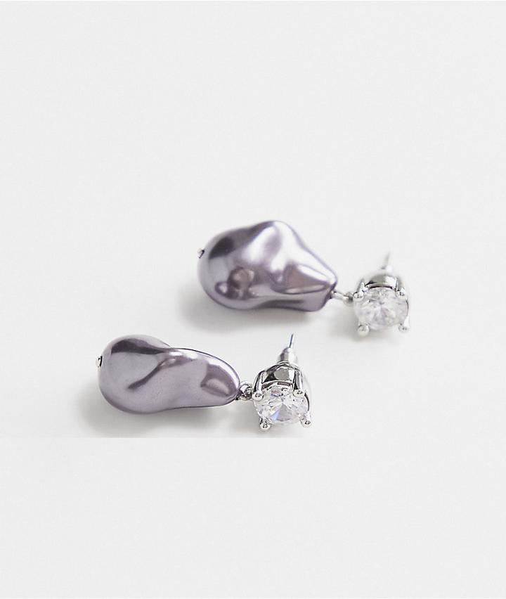 Asos Design Stud Earrings With Crystal And Pearl Drop In Silver Tone