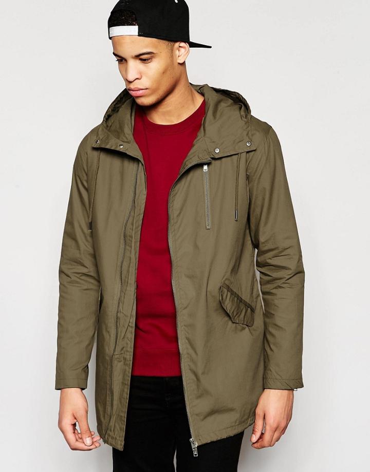 Pull & Bear Parka Jacket With Hood In Khaki - Green