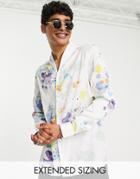 Asos Design Satin Shirt With Abstract Print And Pearl Buttons-white