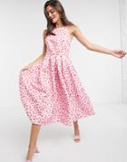 True Violet Exclusive Backless Prom Midi Dress In Pink And Red Fleck Print-multi