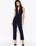 Asos Plunge Jumpsuit With Collar And Belt - Navy