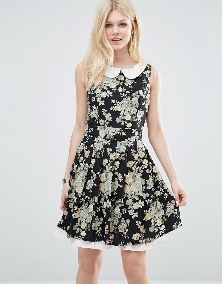 Yumi Collared Dress In Floral Print - Black