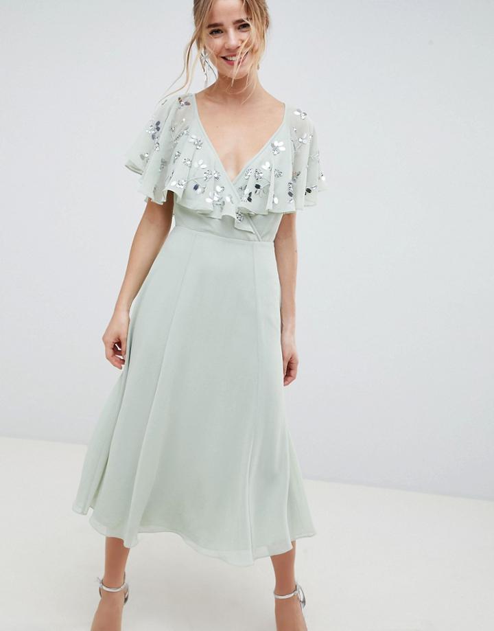 Asos Design Embellished Wrap Midi Dress With Flutter Sleeve - Green