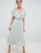 Asos Design Embellished Wrap Midi Dress With Flutter Sleeve - Green