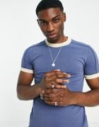 Asos Design Smart Muscle Fit T-shirt With Tipping Detail In Washed Navy