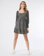 Miss Selfridge Sweetheart Neckline Mini Dress In Monochrome Micro-floral-black