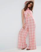 Asos Jumpsuit In Check With Cross Front And Super Wide Leg - Pink