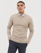 Asos Design Muscle Fit Merino Wool Sweater In Beige - Beige