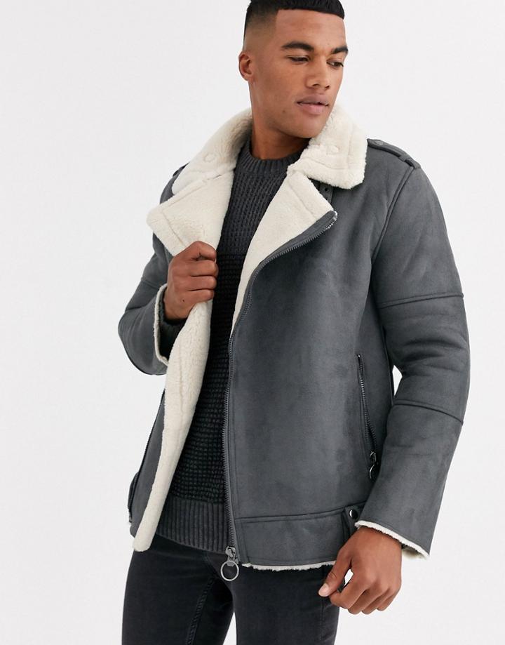 Only & Sons Faux Suede Aviator Jacket In Gray