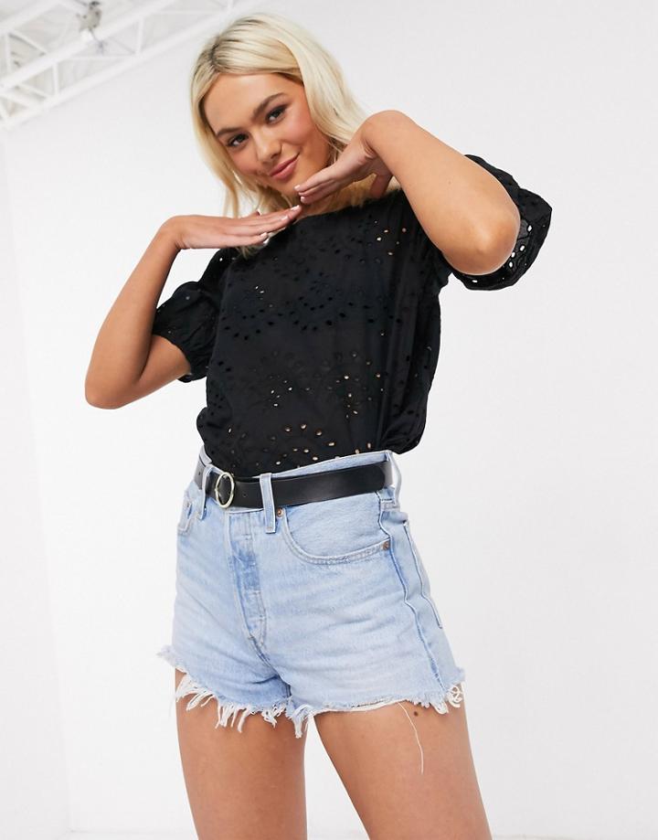 Jdy Eyelet Top With Balloon Sleeves In Black
