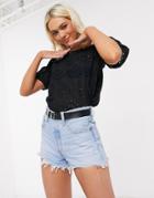 Jdy Eyelet Top With Balloon Sleeves In Black
