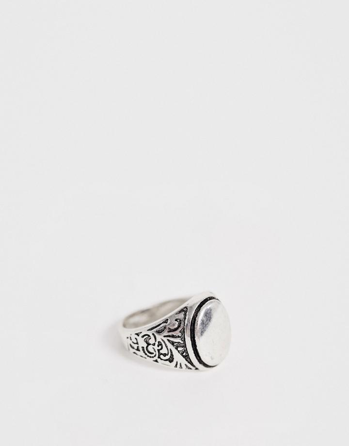 Asos Design Chunky Signet Ring With Engraving In Silver - Silver