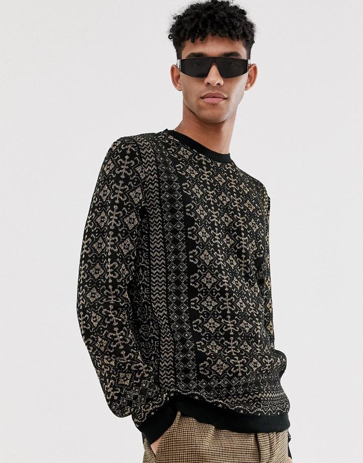 Asos Design Sweater With Gold Metallic Baroque Design In Black