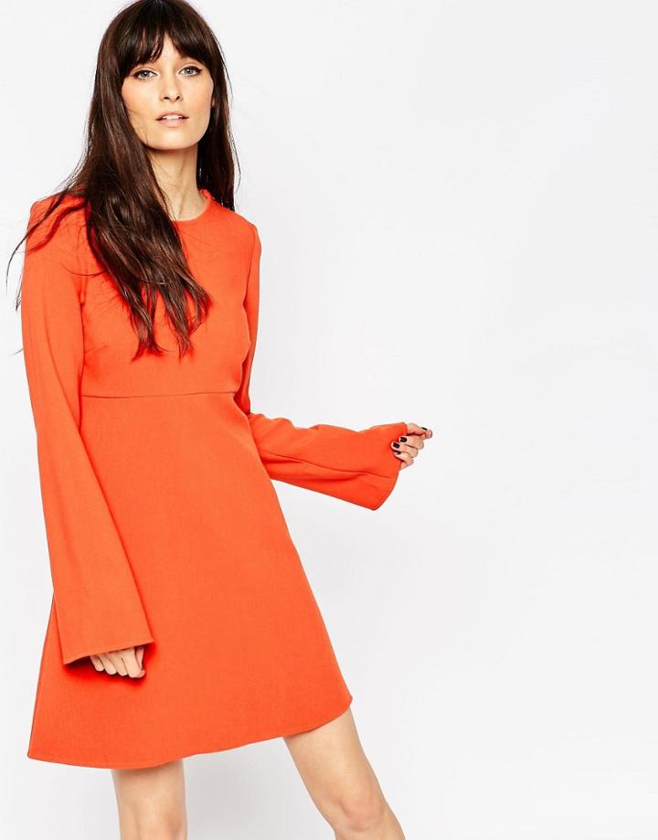 Asos A Line Dress With Fluted Sleeve - Orange