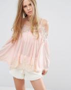 Kiss The Sky Cold Shoulder Swing Top With Lace Trims - Pink