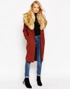 Asos Coat With Oversized Faux Fur Collar - Ginger
