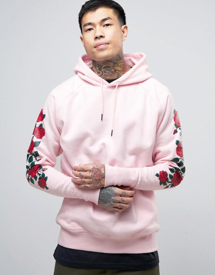 Parca Hoodie With Rose Sleeve Print - Pink