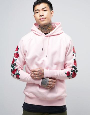 Parca Hoodie With Rose Sleeve Print - Pink