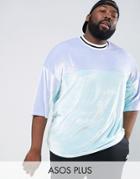 Asos Plus Oversized T-shirt In Velour With Neck Tipping In Color Block - Blue