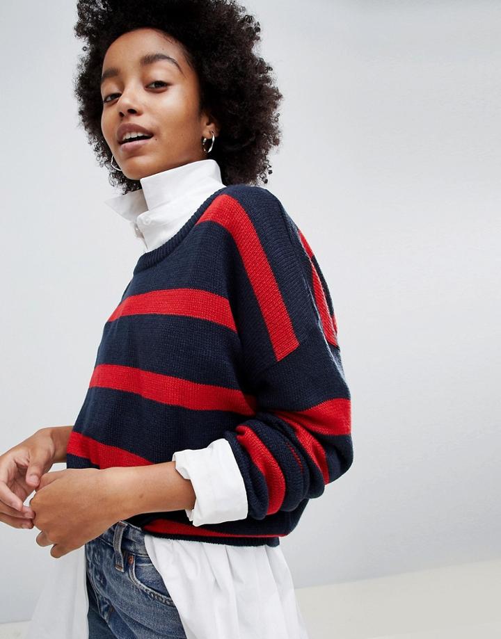 Brave Soul Grunge Round Neck Sweater In Stripe - Navy