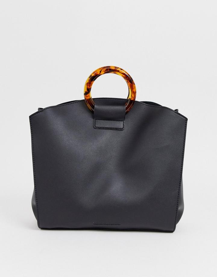 French Connection Faux Leather Tote Bag With Tortoiseshell Grab Handle-black