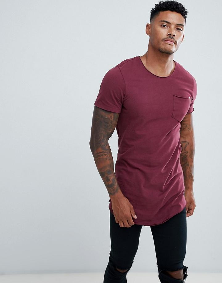 Blend Curved Hem Pocket T-shirt - Red