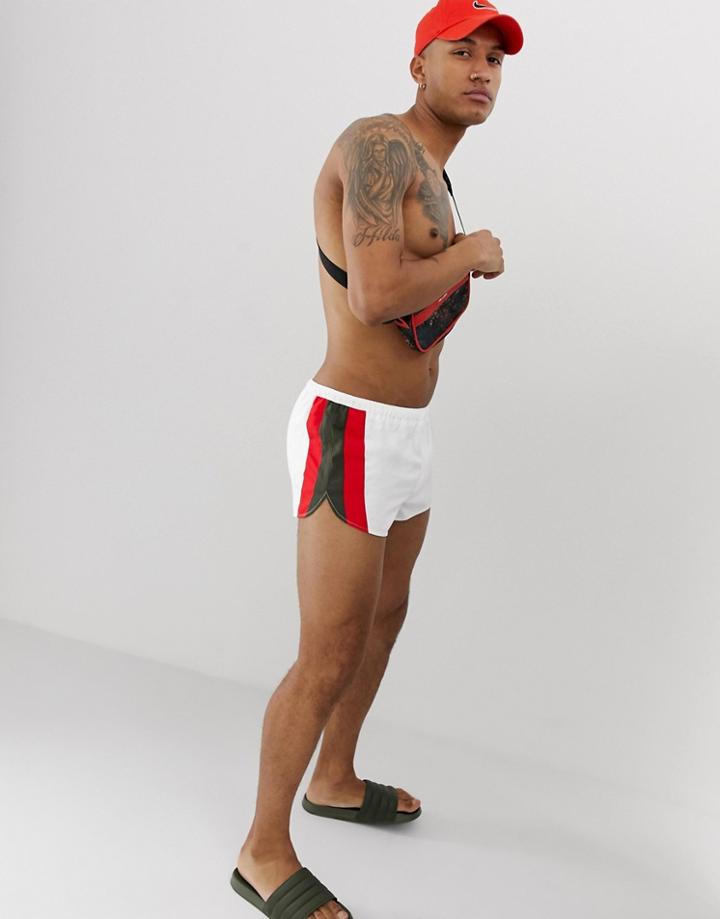 Asos Design Swim Shorts In White With Khaki & Red Side Detail In Super Short Length - White