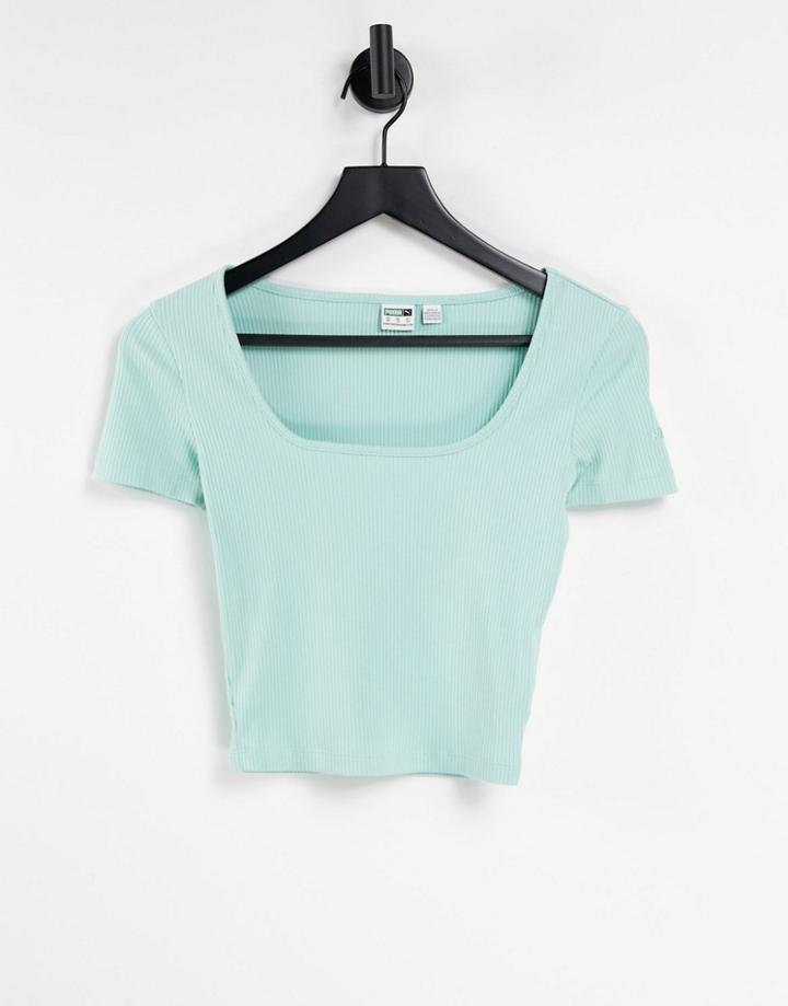 Puma Classics Square Neck Ribbed Crop Top In Pastel Blue-blues