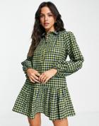 Topshop Textured Check Chuck On Mini Dress In Green
