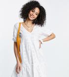 Asos Design Tall Oversized Broderie V Neck Smock Dress With Puff Sleeve In White