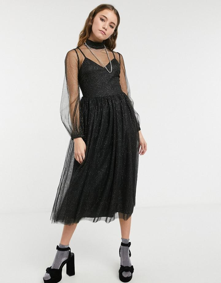 Forever U Sheer Balloon Sleeve Midi Skater Dress In Black