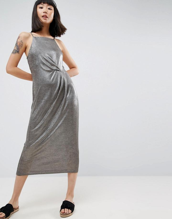 Warehouse Tuck Detail Metallic Midi Dress - Green