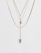 Asos Design Multirow Necklace With Engraved Crystal Star Coin And Semi-precious Stone Pendant In Gold Tone - Gold
