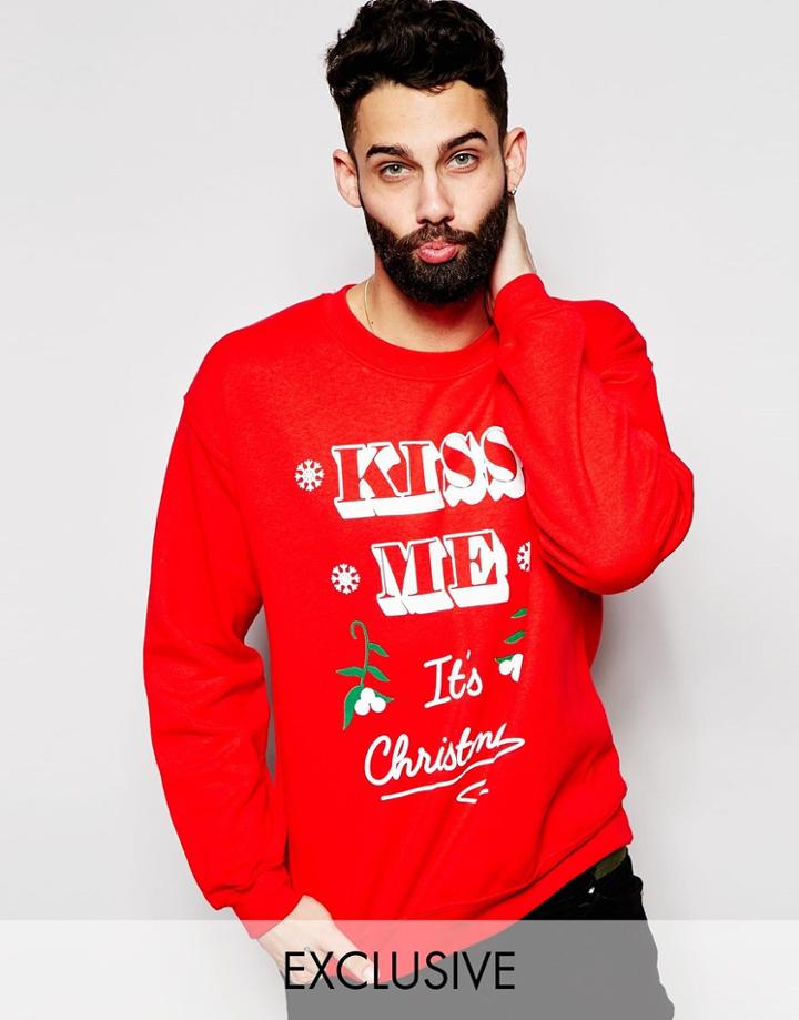 Reclaimed Vintage Holidays Sweatshirt With Kiss Me Print - Red