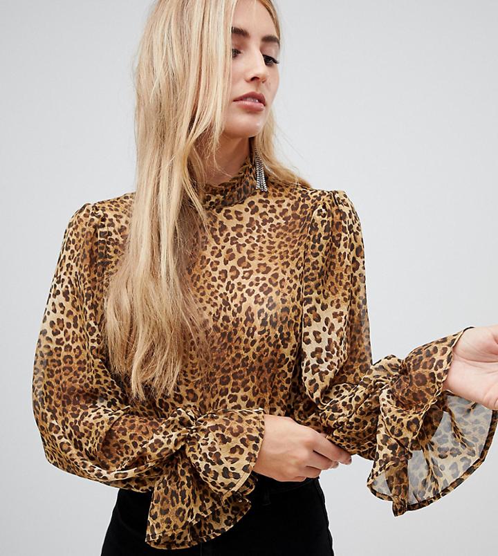 Missguided High Neck Chiffon Blouse With Flare Cuffs In Leopard - Brown